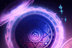 Ein Bild eines lila Kreises, geschmückt mit mystischen Symbolen.