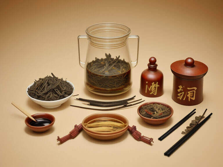 Chinesischer TCM-Tee in einem Glas mit Stäbchen.