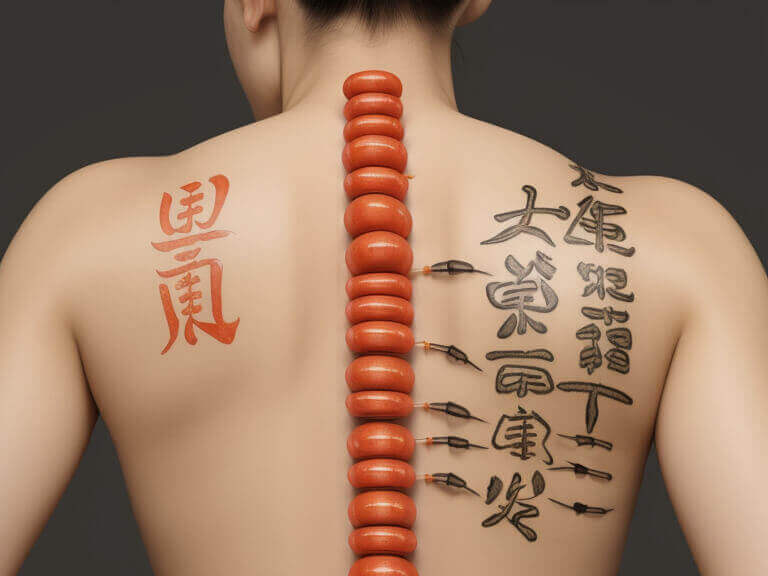Der Rücken einer Frau mit chinesischer TCM-Schrift darauf.